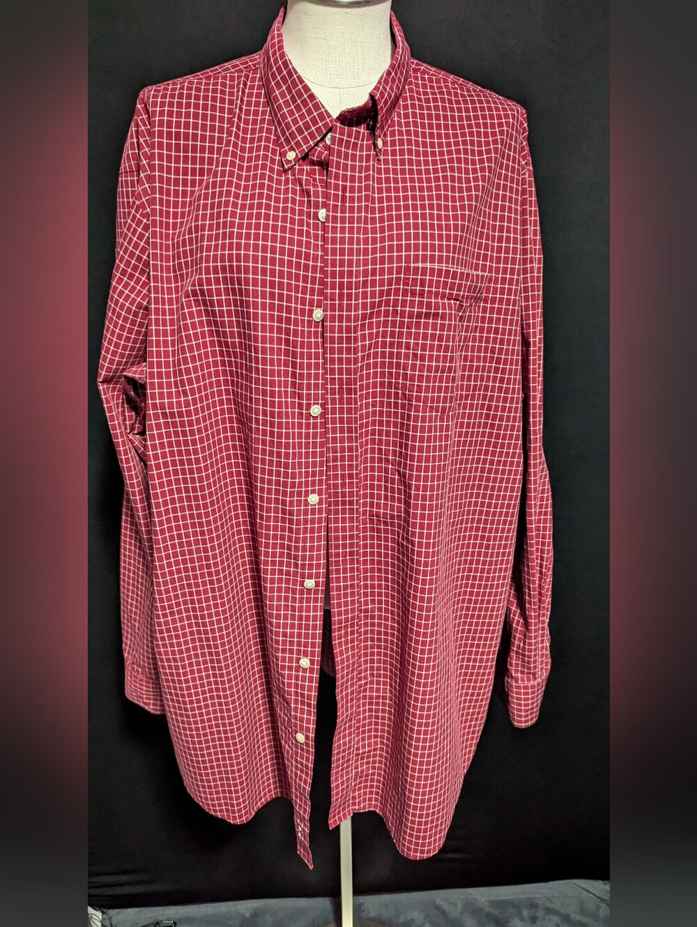 L.L. Bean Red Windowpane Button-Down Dress Shirt Size XL Tall 100% Cotton